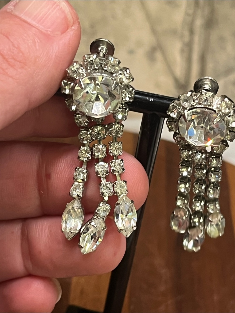 Vintage 1950s Clear Rhinestone Tassel Drop Screwback Formal Earrings Silver Tone